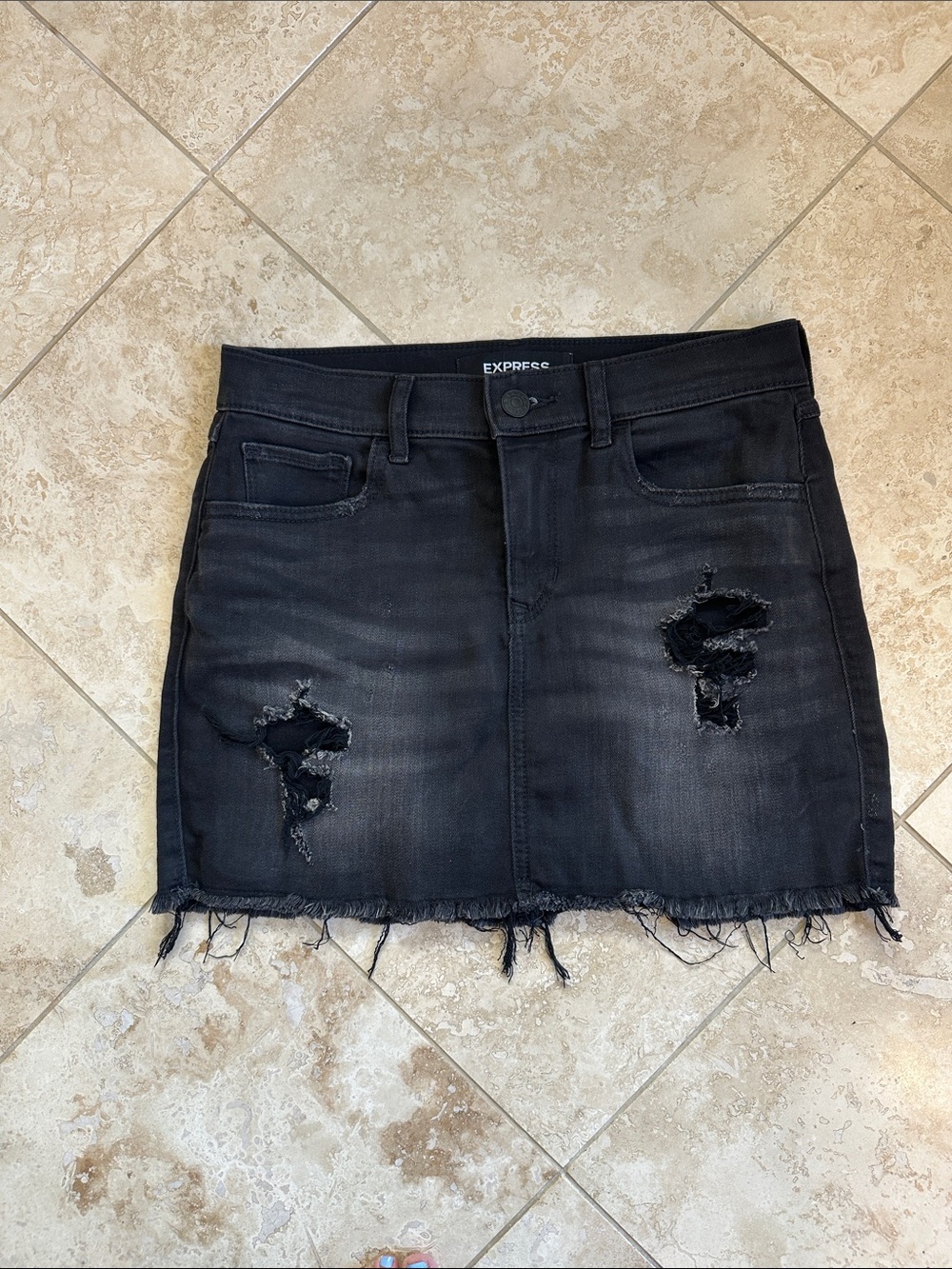 Express Black Distressed Denim Mini Skirt with Frayed Hem